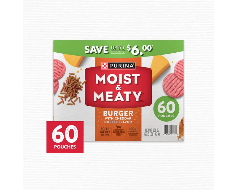 Moist Meaty Burger Dog Food with Cheddar Cheese Flavor, Adult Dogs, 6 oz Pouches, 60 Count