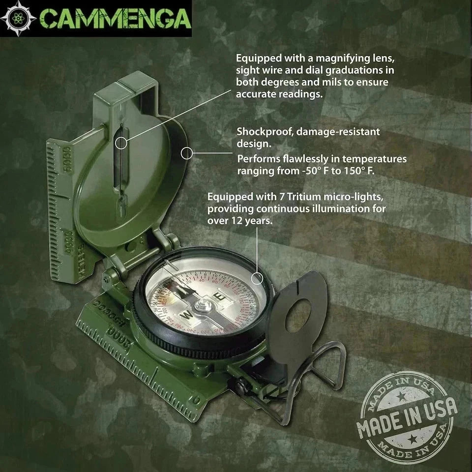Military-Style Lensatic Compass with Olive Drab Carrying Pouch – Tritium Illumination