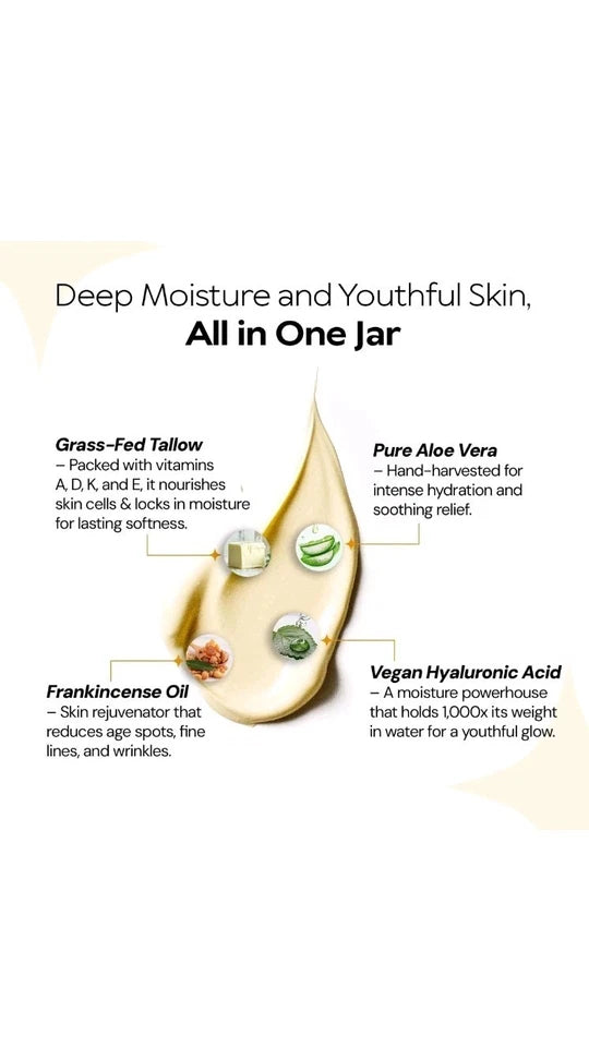Grass-Fed Beef Tallow Face Cream with Aloe Vera & Hyaluronic Acid – 4 oz