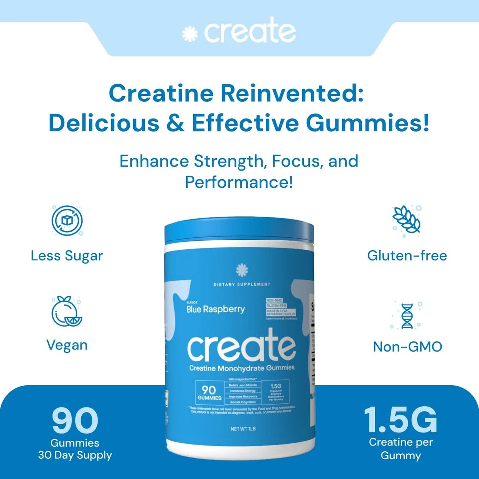 Creatine Gummies 1.5g for Strength, Focus & Endurance, Vegan Blue Raspberry, 90 Count