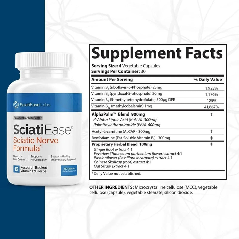 Sciatic Nerve Support Capsules with AlphaPalm, Pea Extract, B Vitamins & Alpha-Lipoic Acid – 120 Capsules