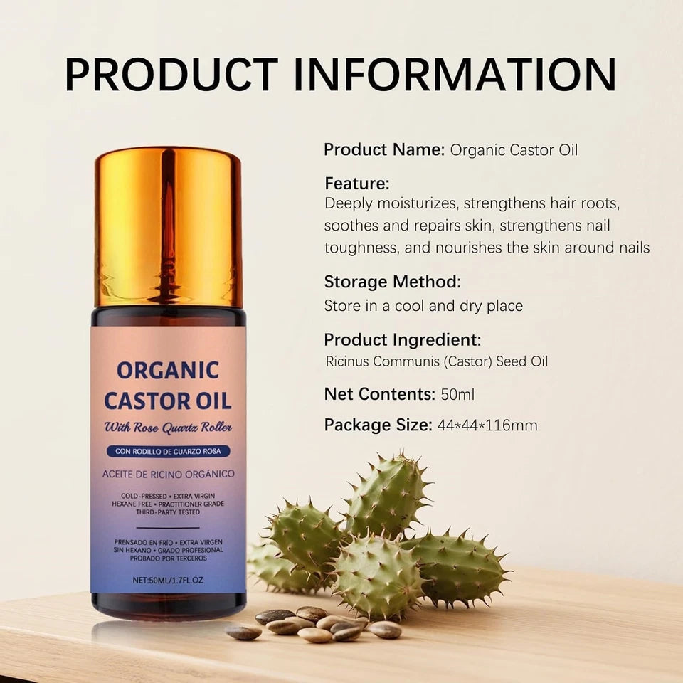 Organic Golden Castor Oil Roll-On with Rose Quartz Roller – 1.7 fl oz (50 ml)
