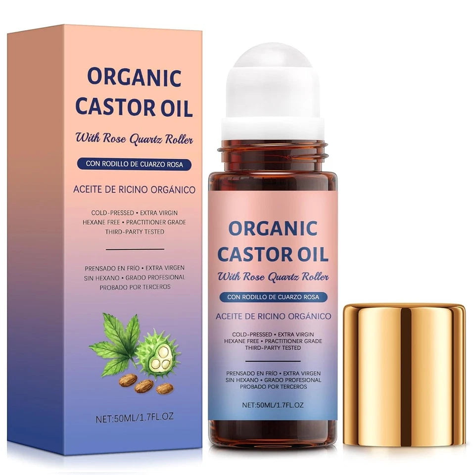 Organic Golden Castor Oil Roll-On with Rose Quartz Roller – 1.7 fl oz (50 ml)