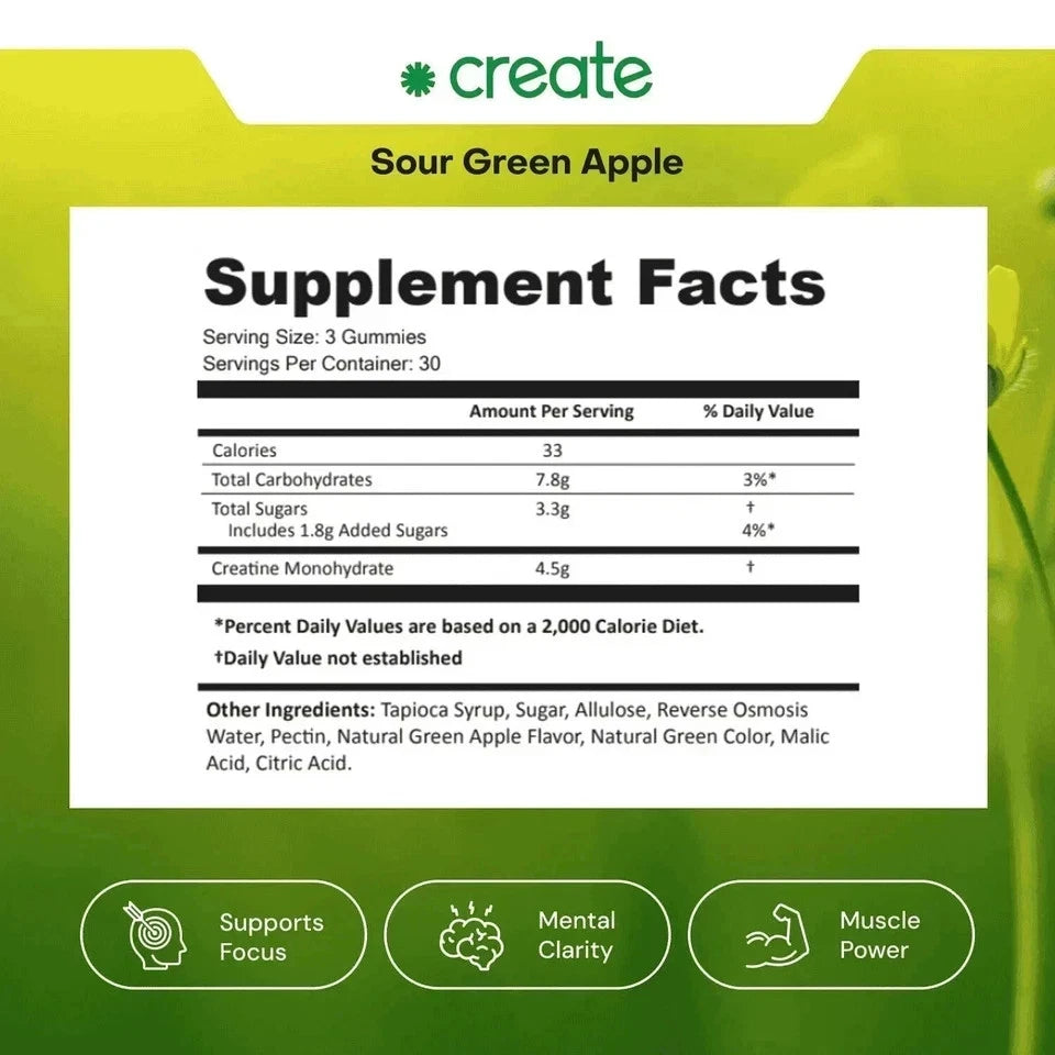 Creatine Monohydrate Gummies for Men & Women, Sour Green Apple, 90 Count
